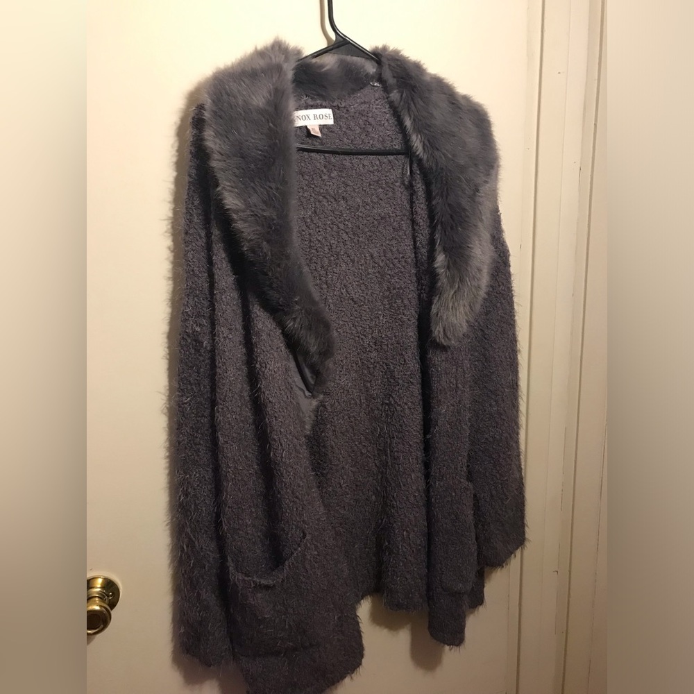 Knox Rose Charcoal Faux-Fur Trim Cozy Open Cardigan Sweater Size XL